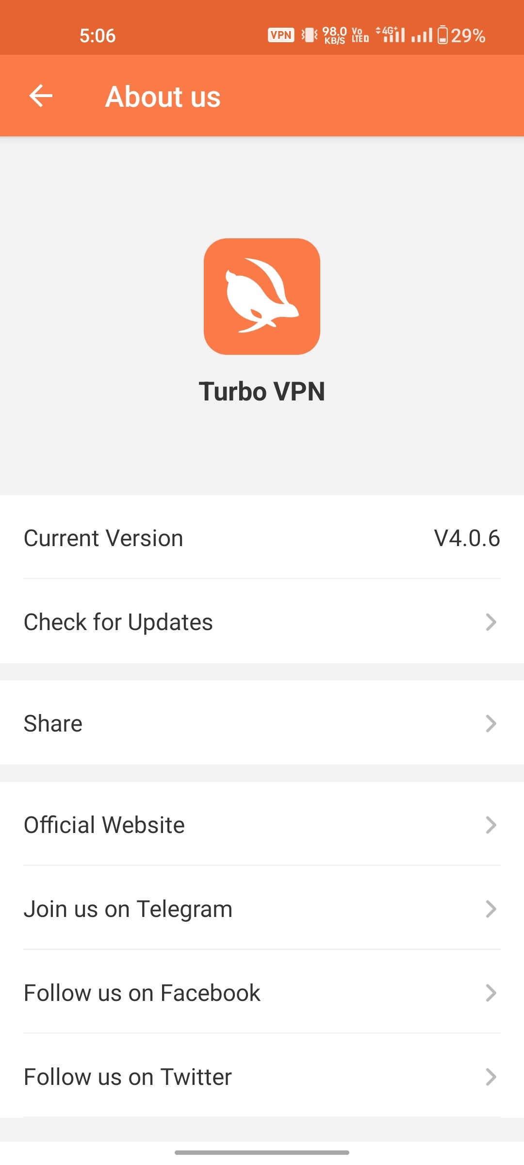 turbo vpn About us screen