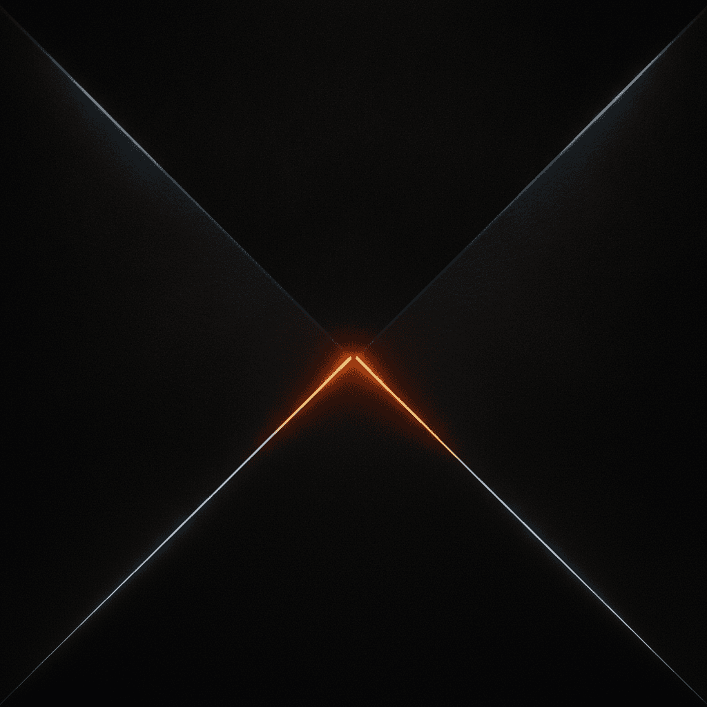 Two black architectural slabs converging toward a single seam of orange light