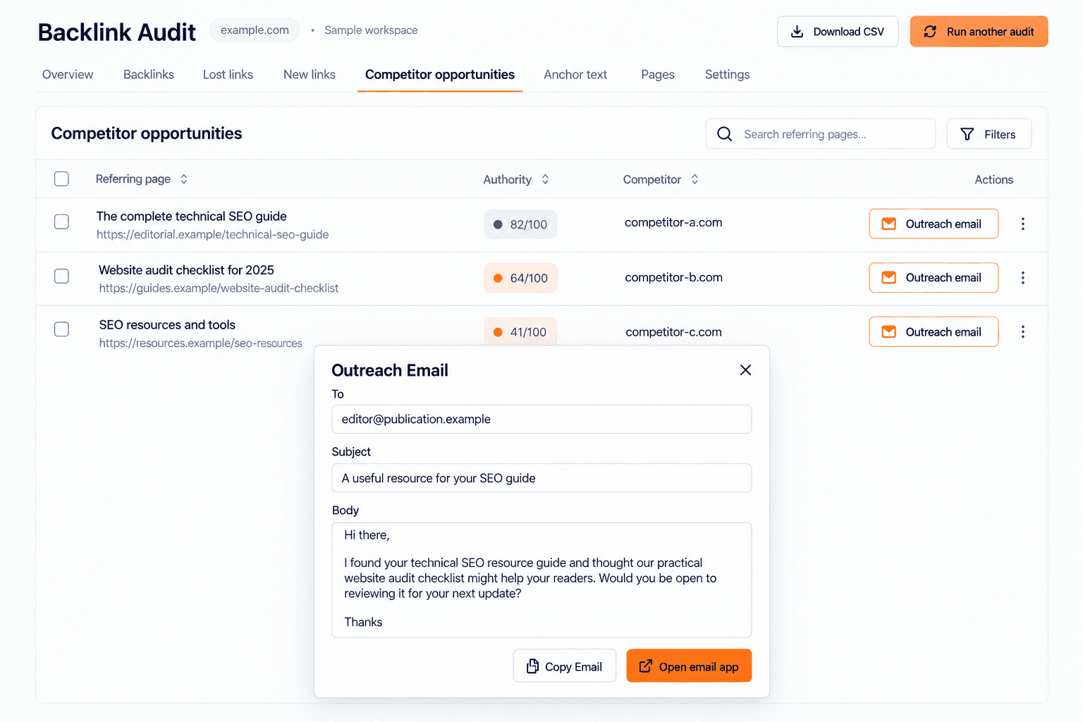 Sample Backlink and brand outreach with a ready email draft UI