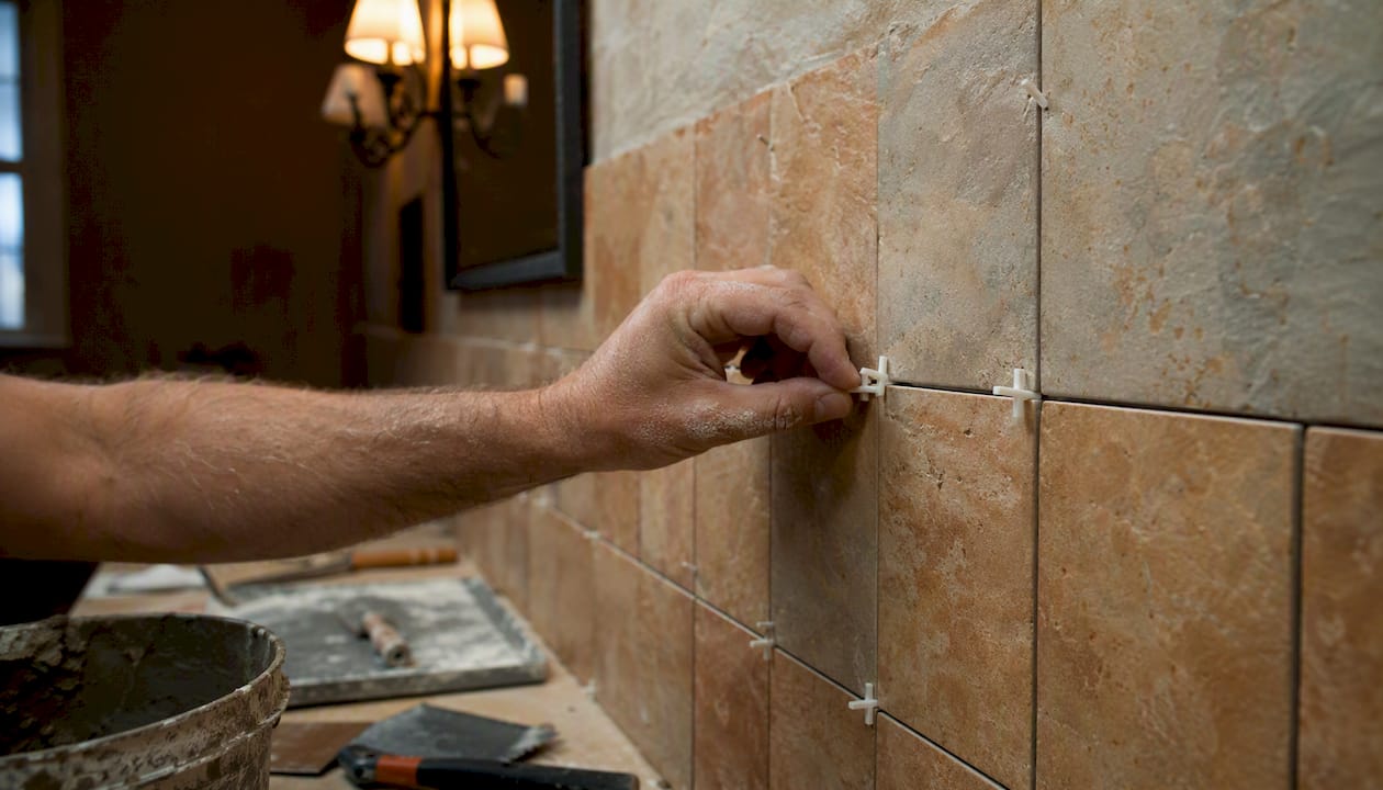 Hand placing ceramic tile with spacer on bathroom wall