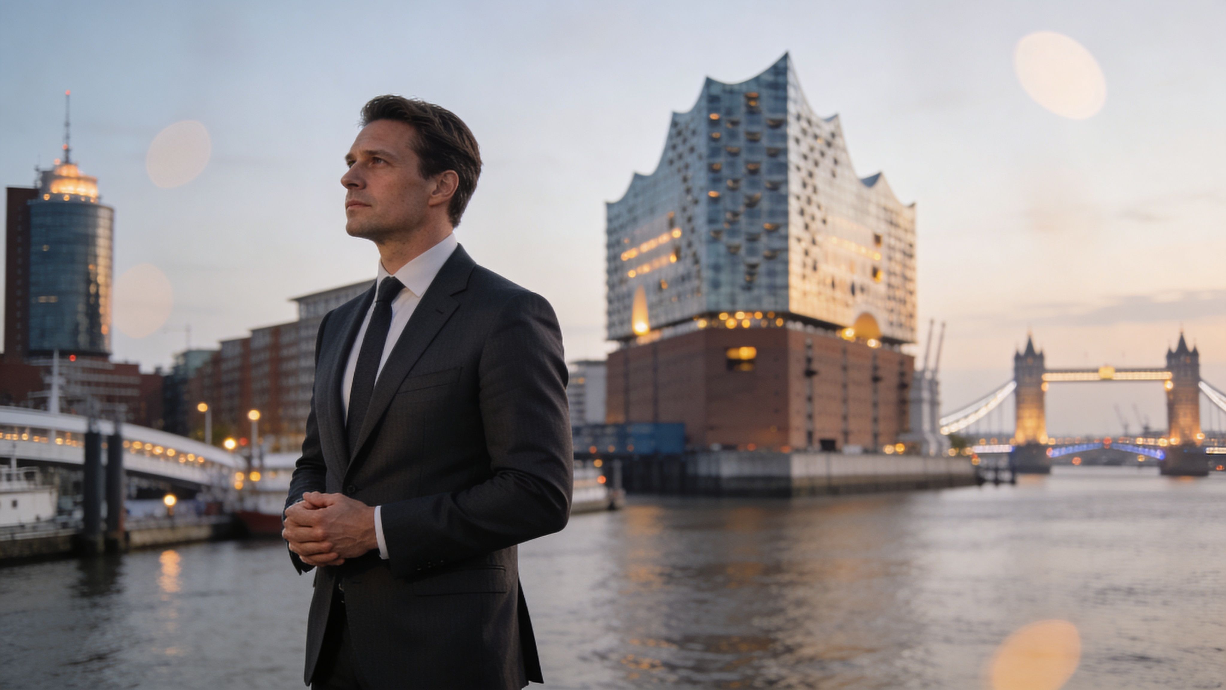 Ein professionell gekleideter Mann im Anzug blickt vor der Elbphilharmonie in Hamburg auf den Fluss hinaus.