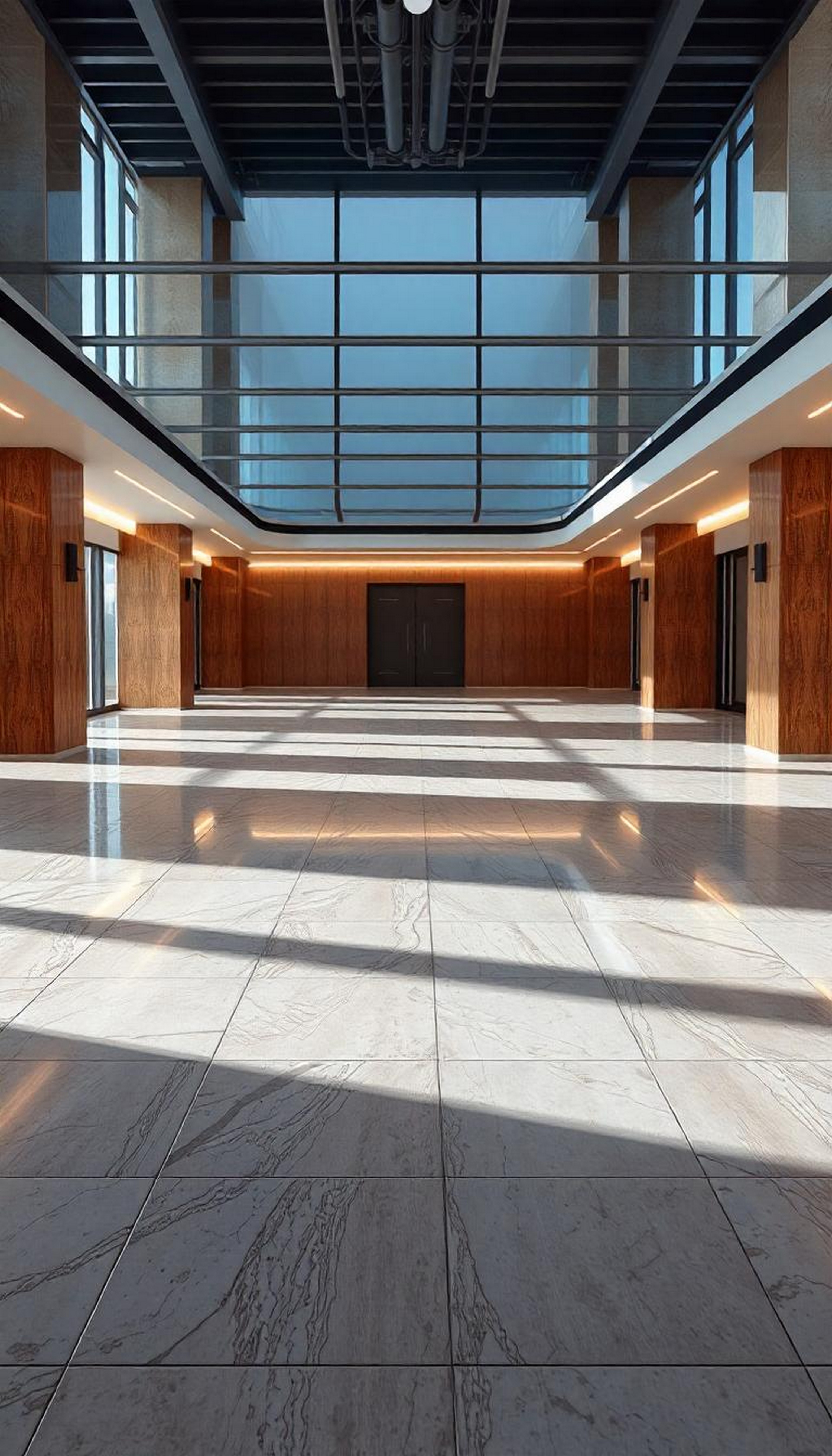 現代寫字樓大堂鋪設高級雲石紋地磚,天窗自然採光營造光影效果,展現專業商業地板工程及高質素裝修設計。