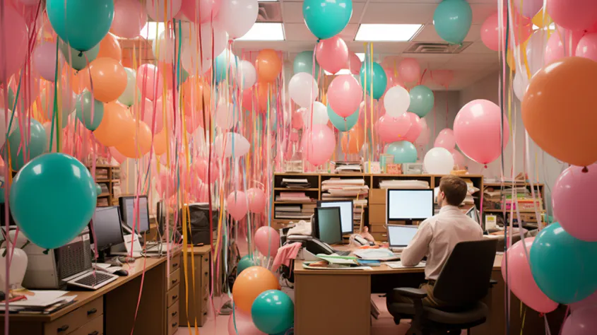 A young man sits in front of a computer in an open office filled with balloons