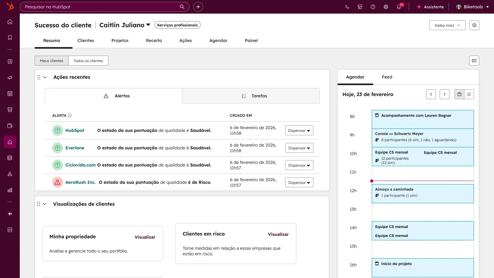 Painel do Service Hub da HubSpot com atendimento e tickets