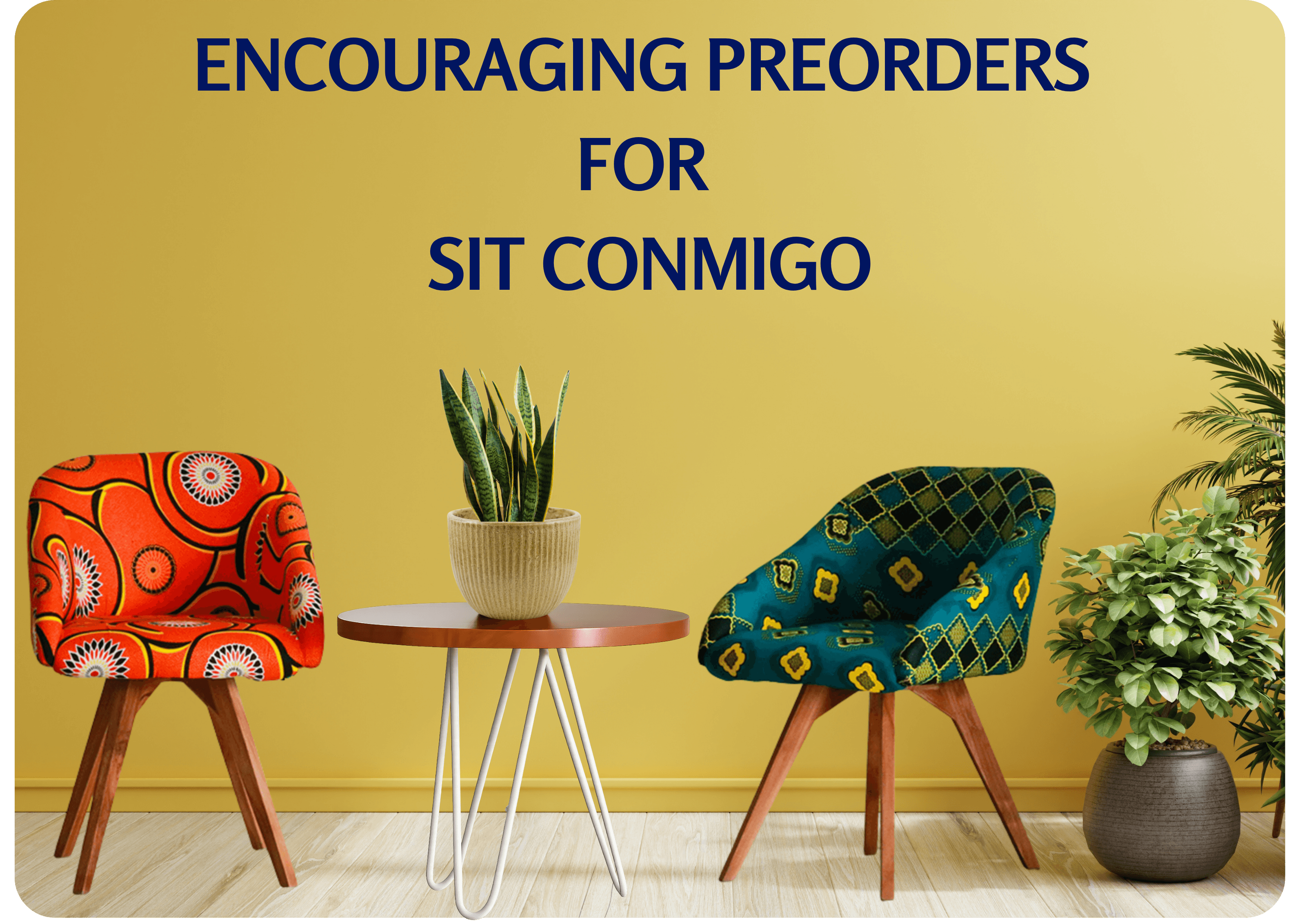 Warm, welcoming hero image showcasing two boldly patterned Sit Conmigo chairs, reflecting the brand’s aesthetic and the challenge of encouraging early commitment through preorders.