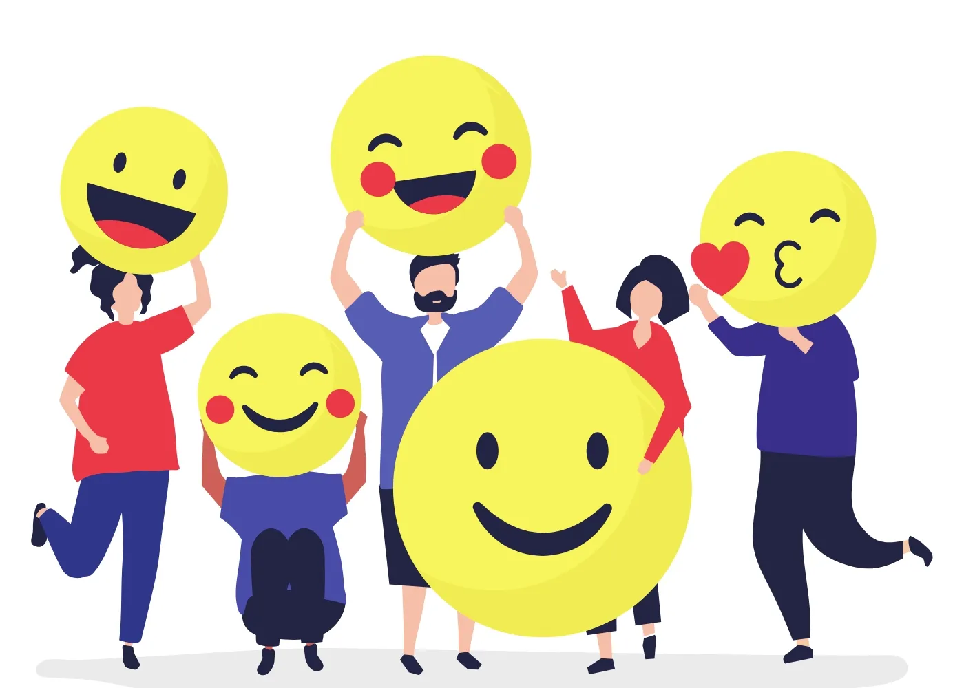 An illustration of five diverse people holding up or interacting with large yellow emoji faces, each displaying a different positive emotion like happiness, joy, and love, symbolizing positive feedback or customer satisfaction.