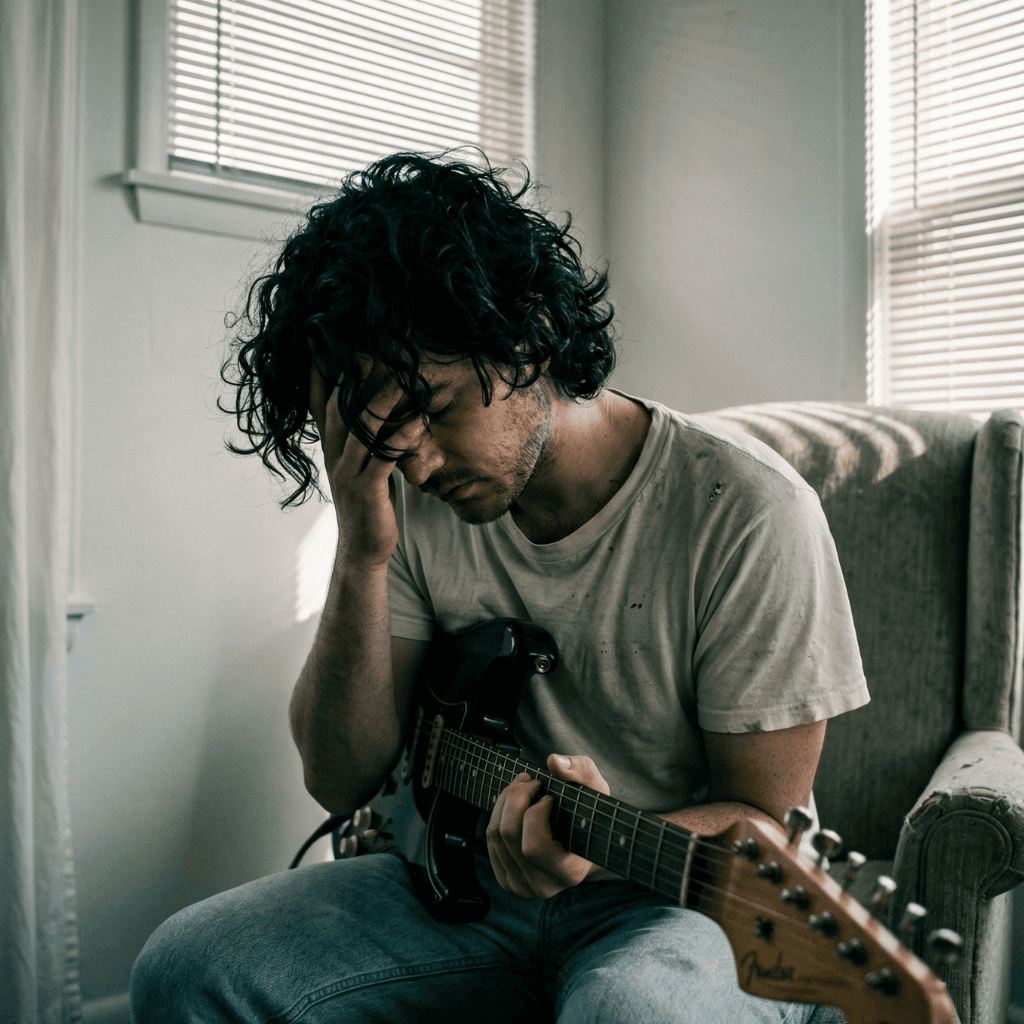 Chico triste con auriculares sentado, mirando hacia abajo en un ambiente relajado