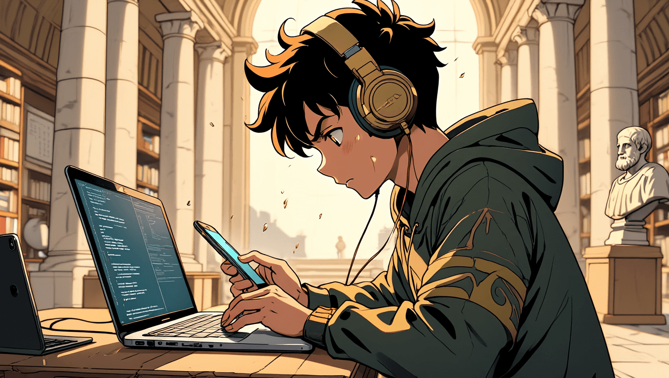 Smiling student studying algorithms on a laptop in a modern library