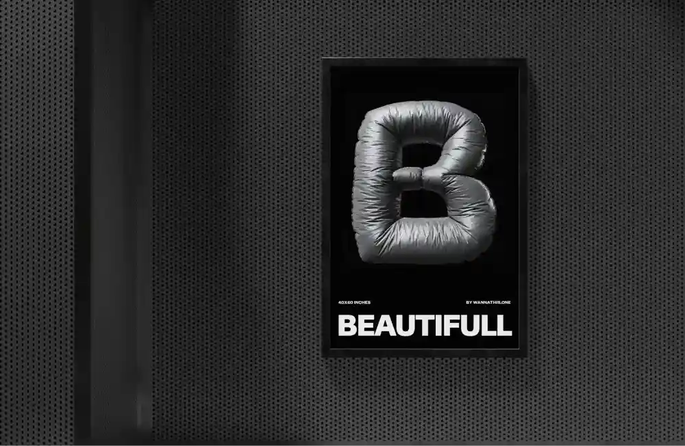 A sleek poster displayed on a perforated metal wall, featuring a bold, metallic inflatable letter "B" on a black background with minimalist white typography below.