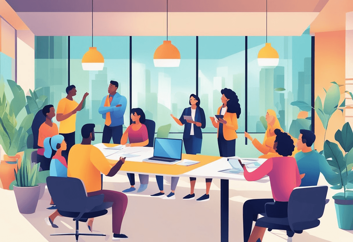 Employees engaging in discussions, training, and team-building activities in a vibrant office setting with a focus on collaboration and productivity