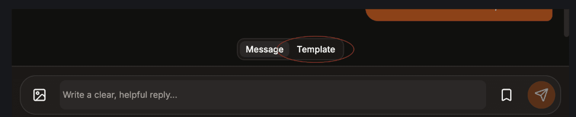 Message and Template composer toggle above the inbox reply box, with Template circled