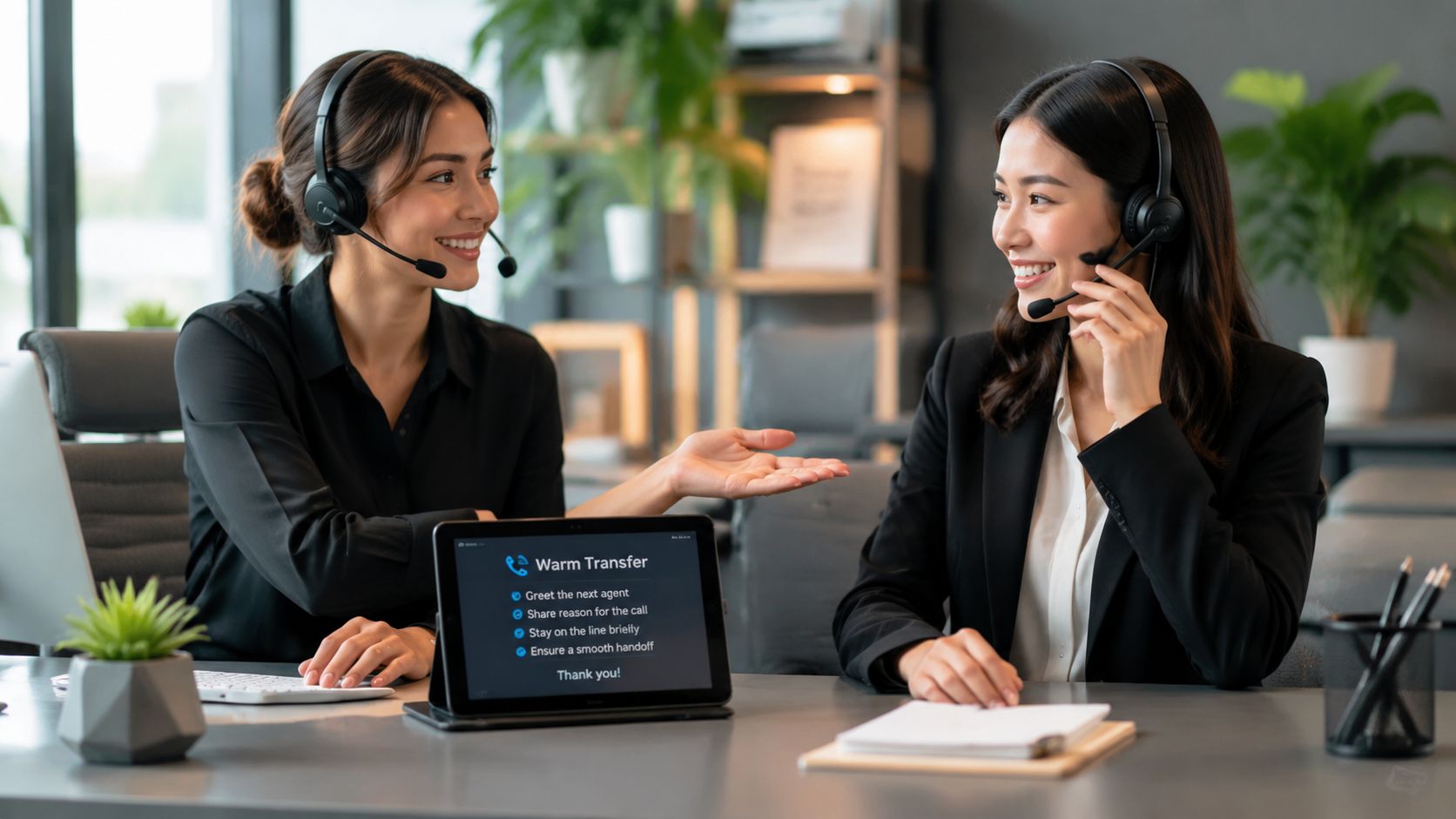 Two female customer support agents wearing headsets collaborating in a professional office setting while looking at a tablet.