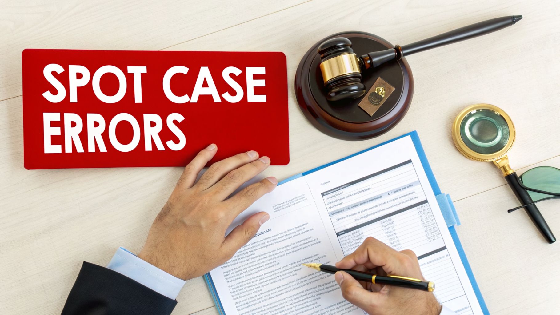 A person reviews a legal document with a pen, next to a red sign reading 