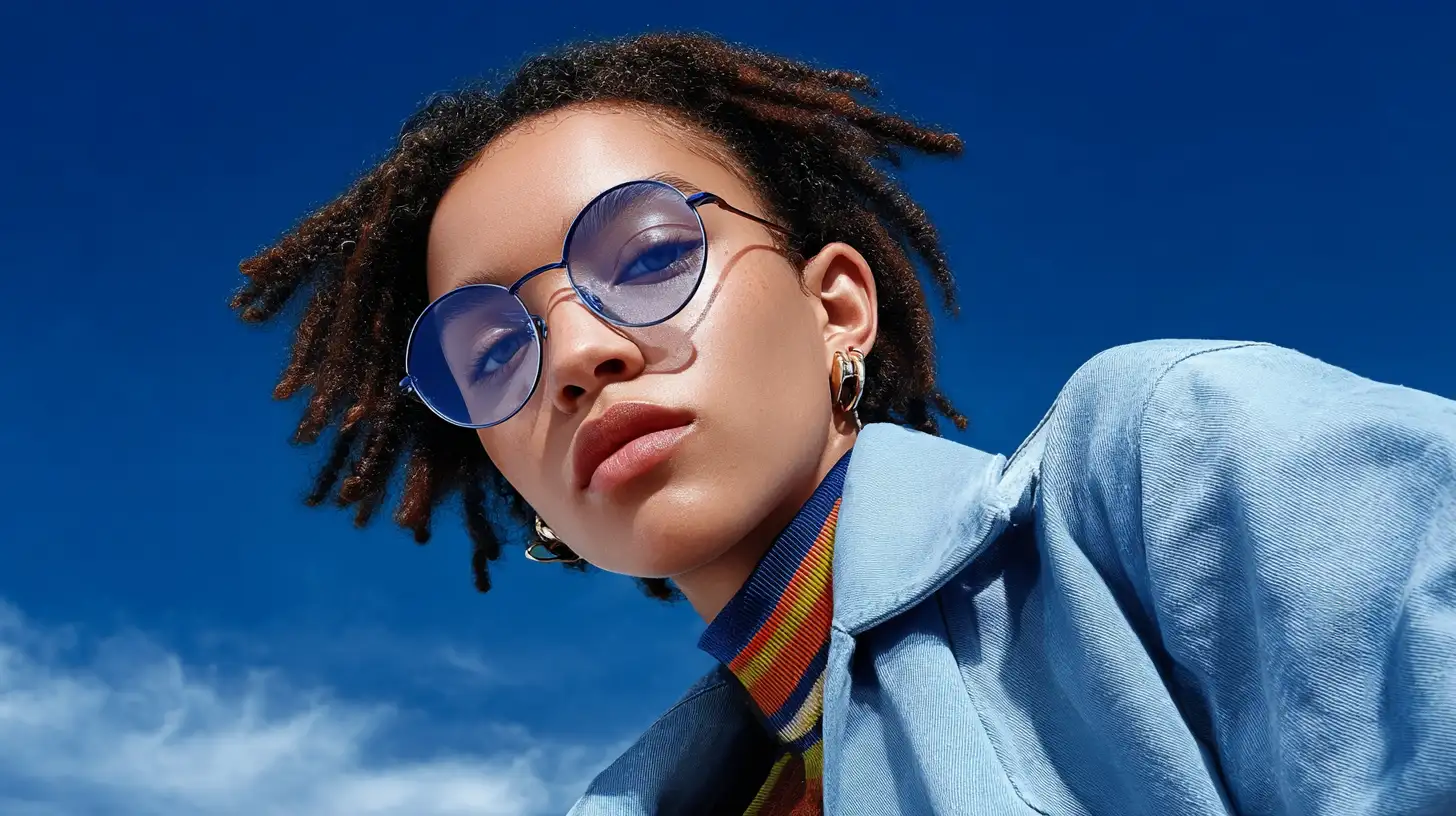 Girl with glasses, blue clothes, portrait