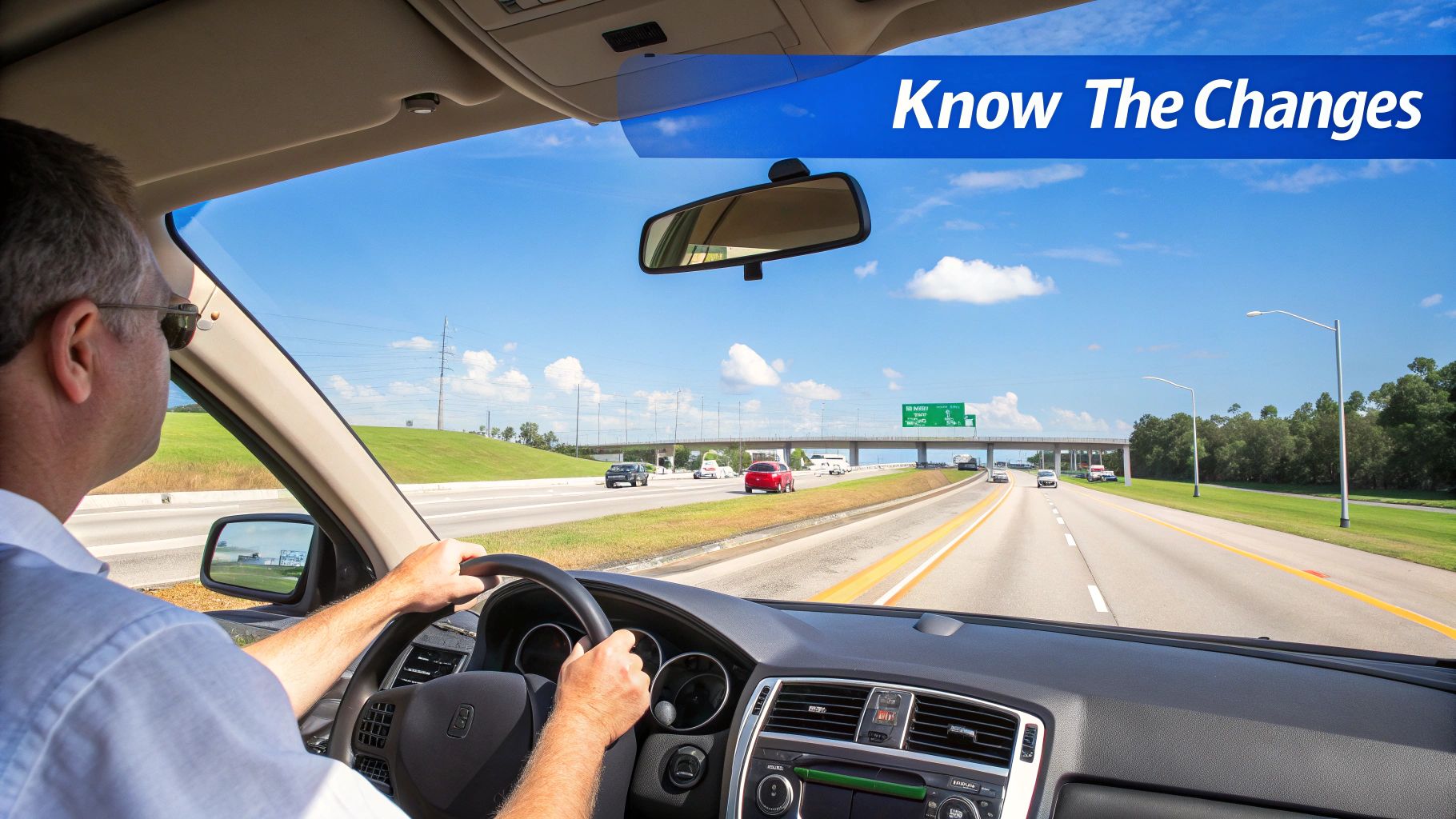 A driver's view from inside a car on a sunny highway, with text 'Know The Changes'.