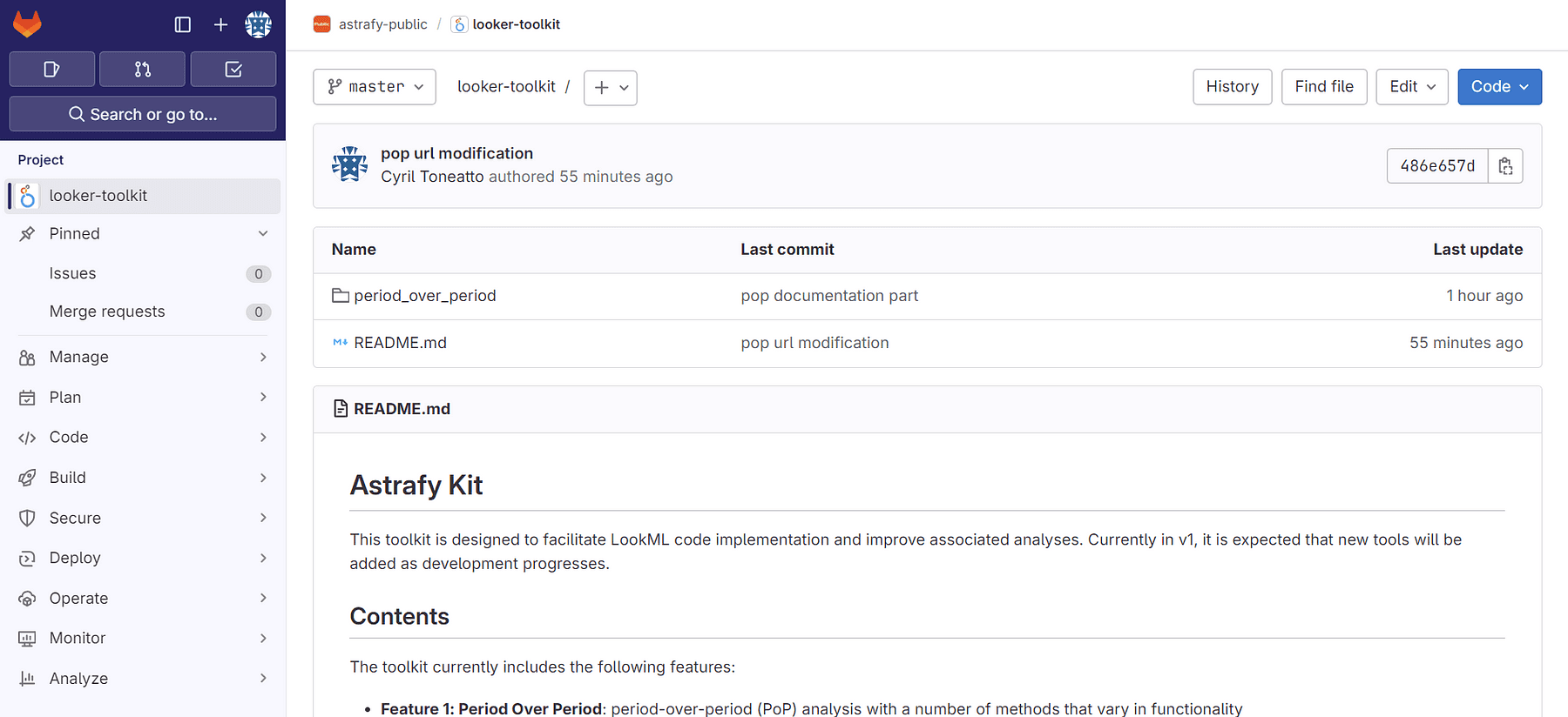 Screenshot of a Git repository interface showing the 'looker-toolkit' project. The page displays a directory with folders and files, including 'period_over_period' and 'README.md', with recent commit messages like 'pop documentation part' and 'pop url modification'. The README.md preview below lists contents and describes the Astrafy Kit designed to facilitate LookML code implementation, highlighting its current features and ongoing development.