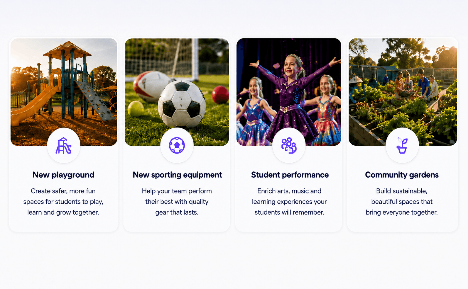 Community outcomes supported through Planito, including an accessible playground, sporting equipment, a school production and a community garden.