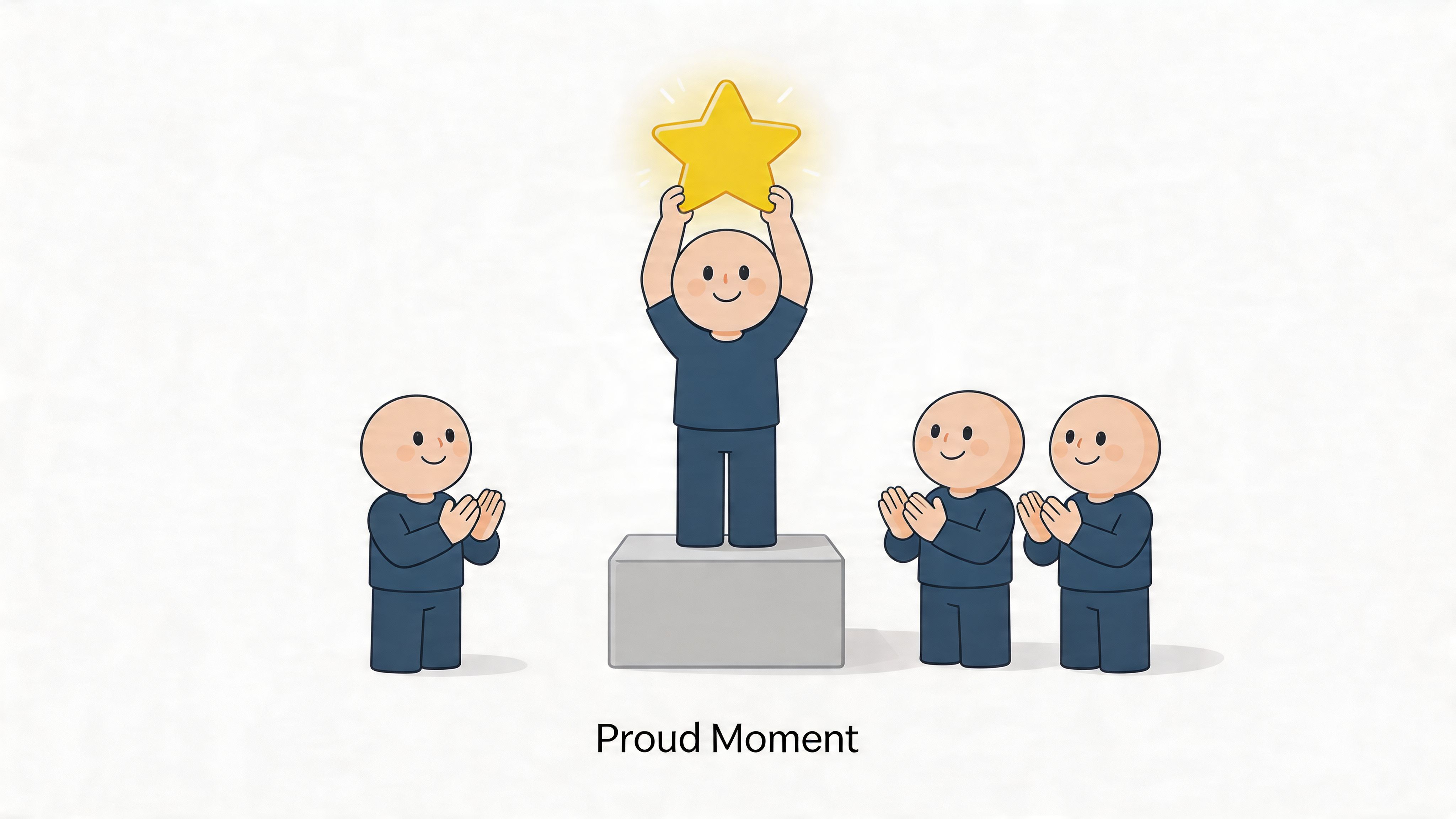 A cartoon illustration of a person standing on a podium holding a glowing star while others clap.