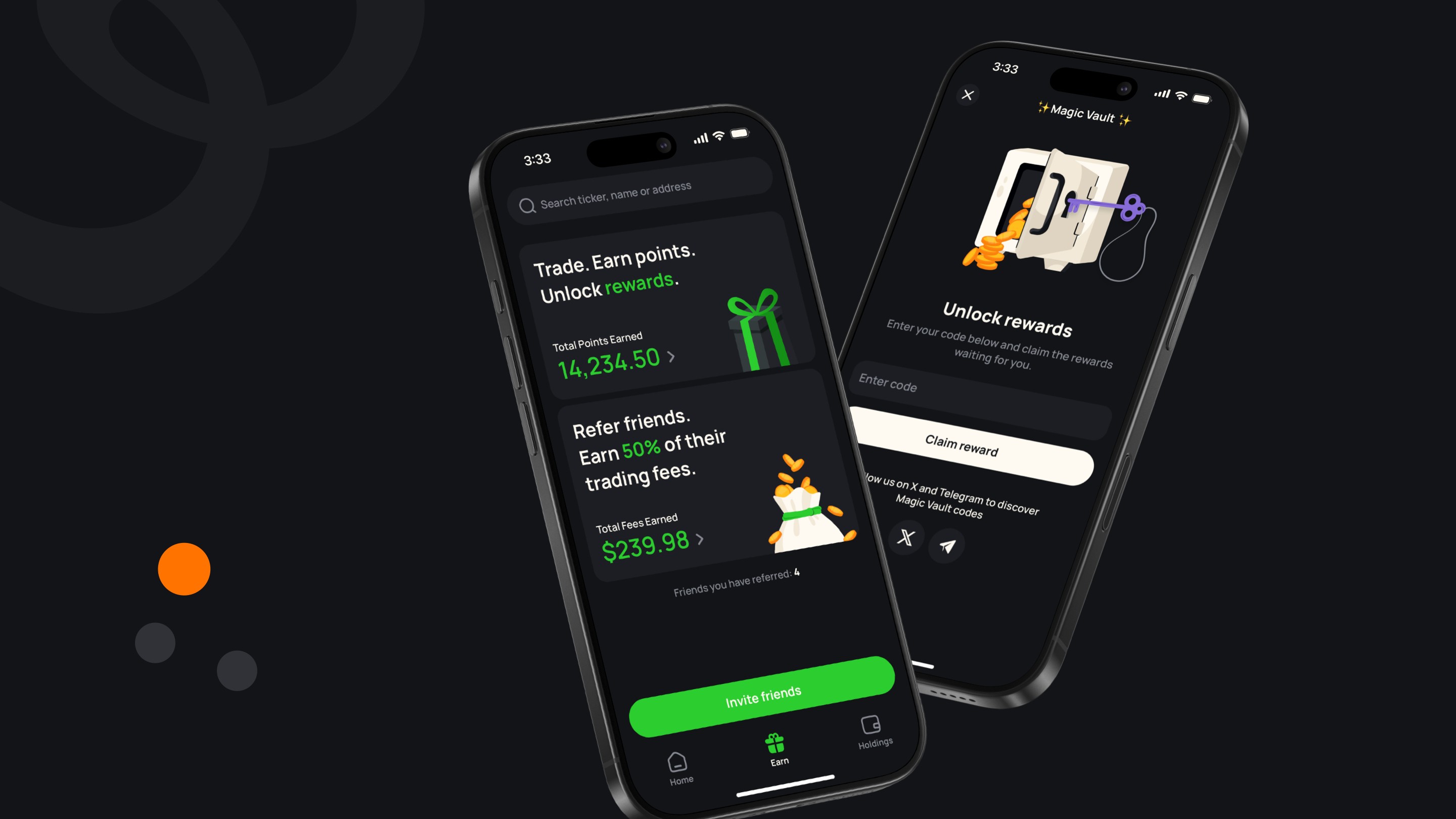 Handshake Crypto Wallet app highlighting rewards from trading and friend referrals