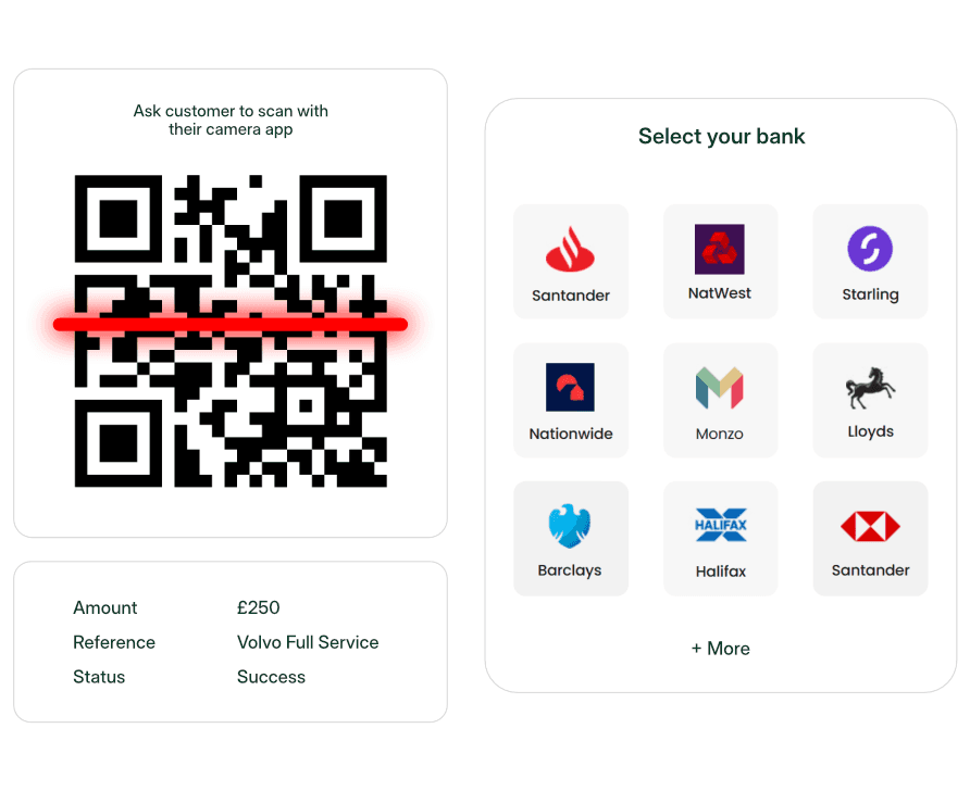 qr code being scanned and a list of the major UK banks