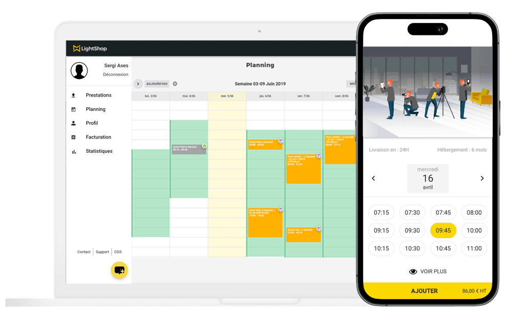 Ordinateur et cellulaire montrant l'interface de commande de Schedll