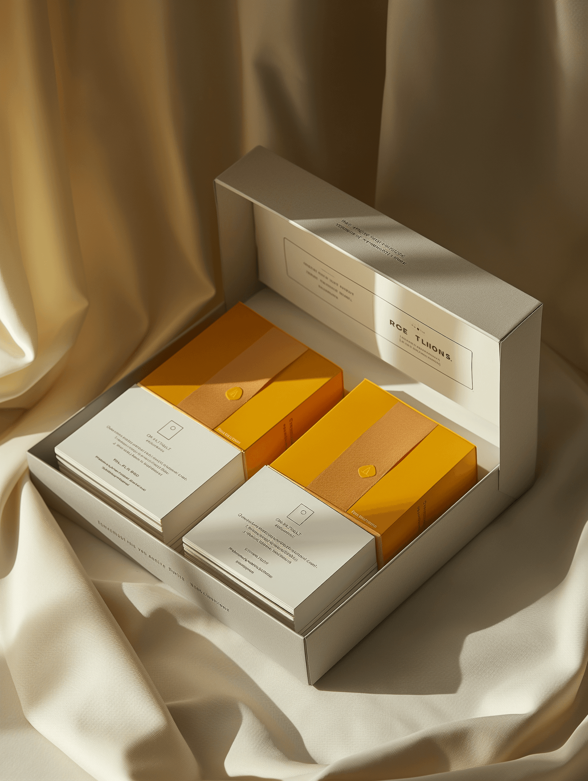 Gold and white packaging box on draped fabric