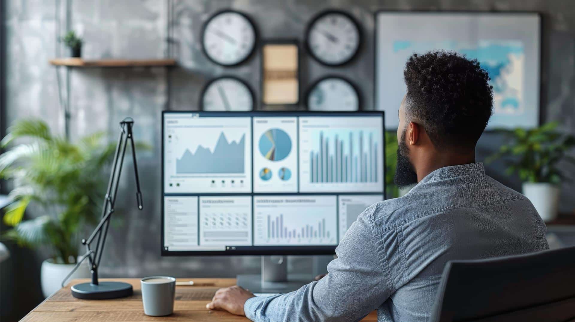 A man is sitting at a desk in front of a computer monitor with a lot of graphs and numbers on it
