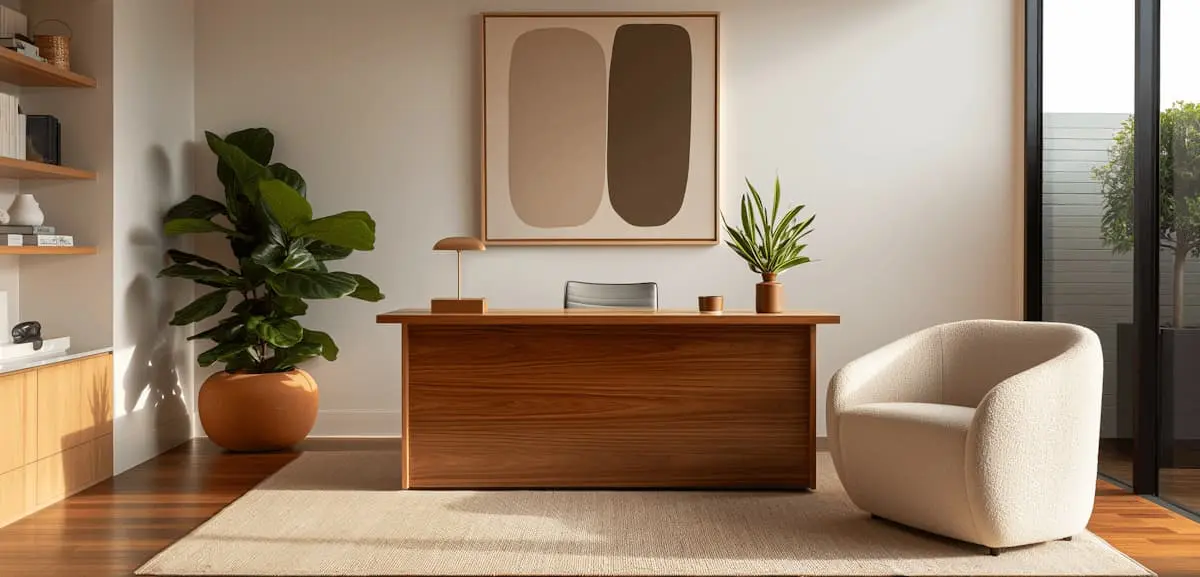 Modern interior design office with wooden desk, neutral tones, and natural light