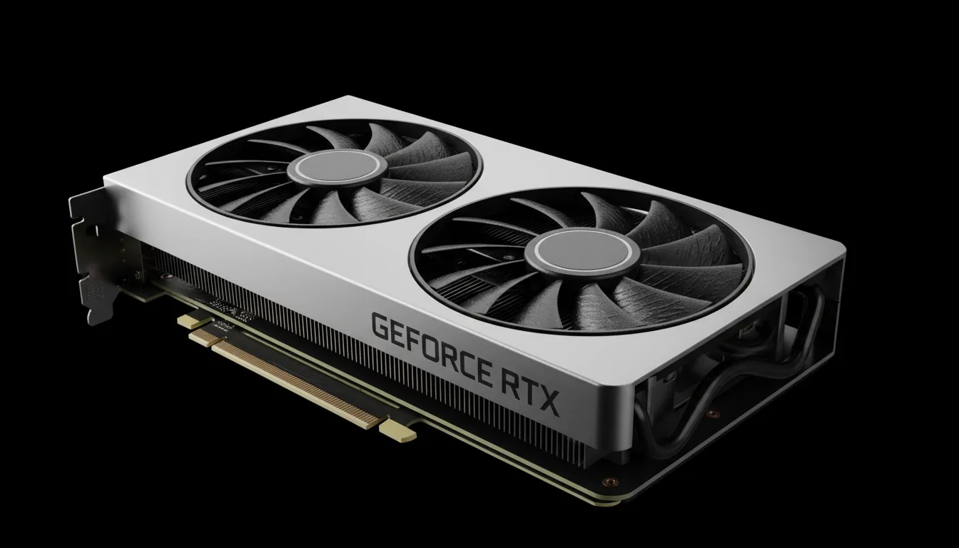 DSLR product photography of a modern NVIDIA GeForce RTX Founders Edition graphics card, low-angle shot, isolated against a solid black background. The GPU is illuminated with soft studio lighting, creating clean highlights on the brushed silver aluminum shroud and defining the matte black texture of the dual cooling fans and heatsink fins. The entire object is in sharp focus, capturing hyper-detailed textures and the precise "GEFORCE RTX" text on the side. Clean, minimalist, high-contrast commercial aesthetic.