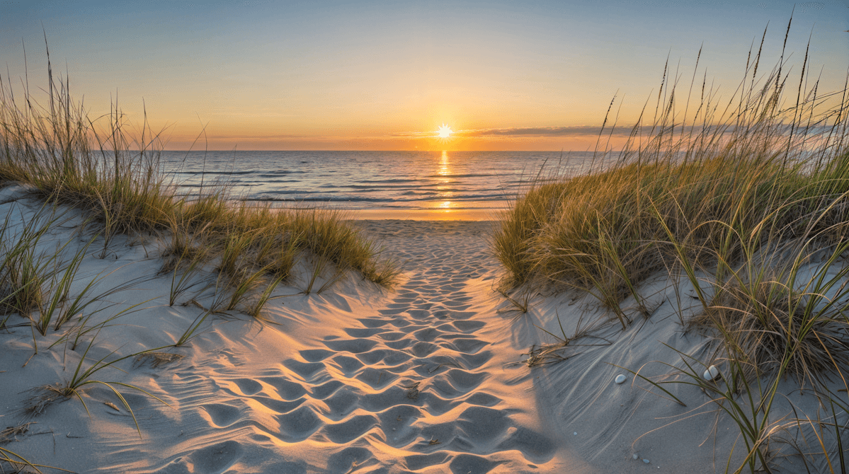 a beach view with sunset