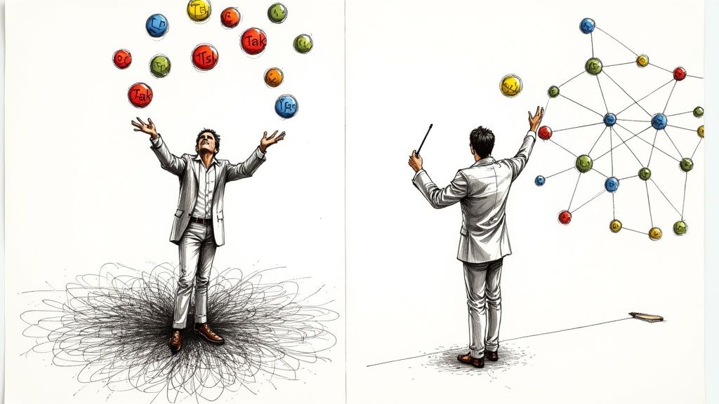 A person sitting in front of multiple screens, looking calm and in control.