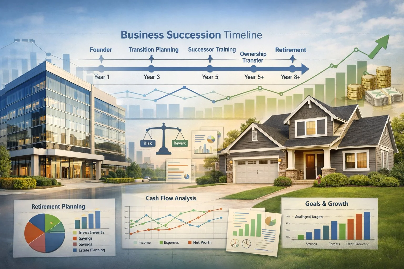 Commercial building and residential property connected by financial planning charts with a business succession timeline in the background.