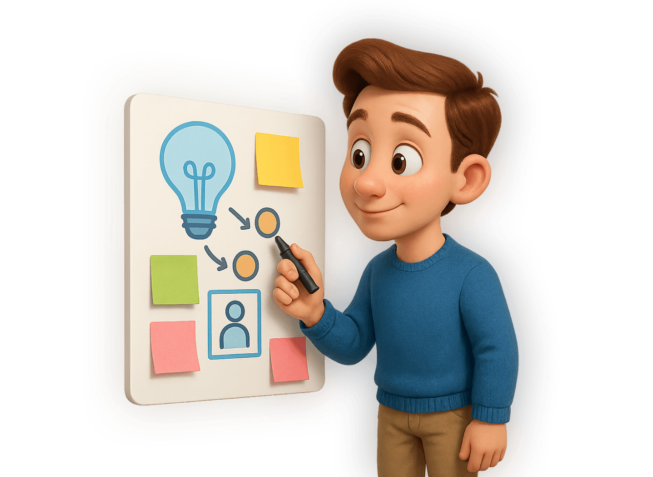 3D illustration of a smiling boy in a blue sweater drawing a UX flow on a whiteboard with a lightbulb icon, user avatar, sticky notes, and arrows—representing design thinking and idea mapping