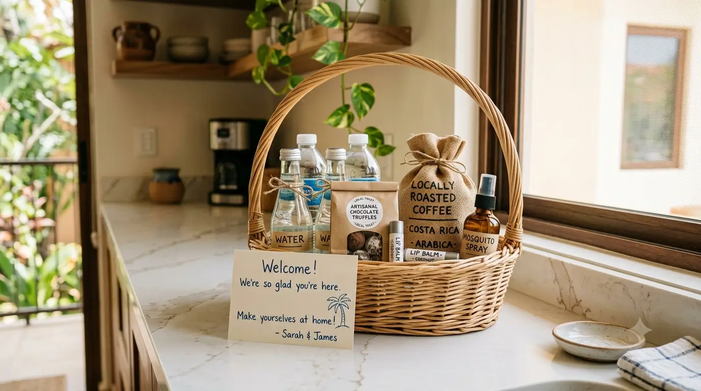 An Airbnb welcome basket with water, local coffee, a treat, and a handwritten card on a vacation rental kitchen counter.