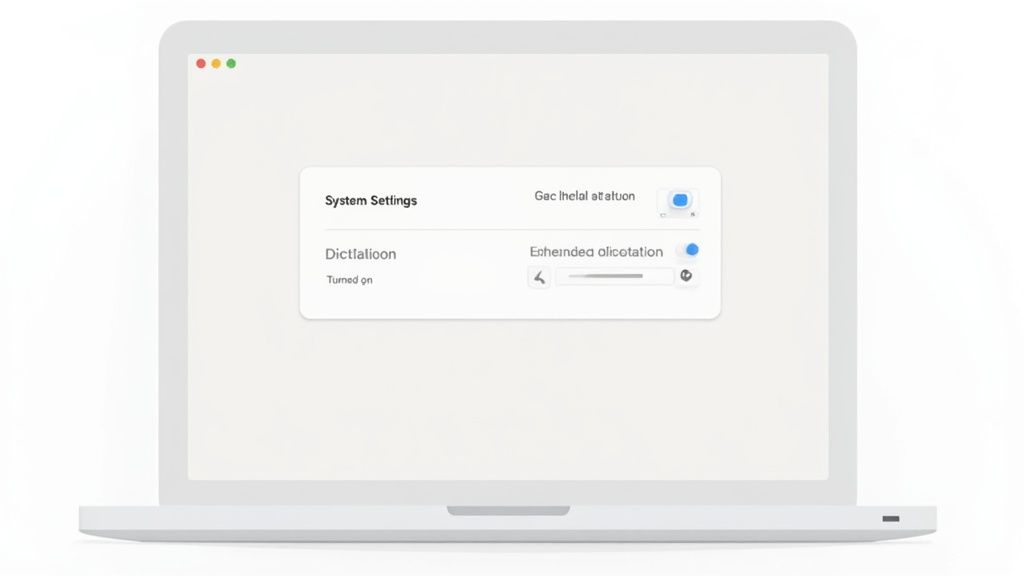 A screenshot of the Macbook Dictation settings panel, showing the toggle switch to turn it on, language selection, and shortcut key customization.