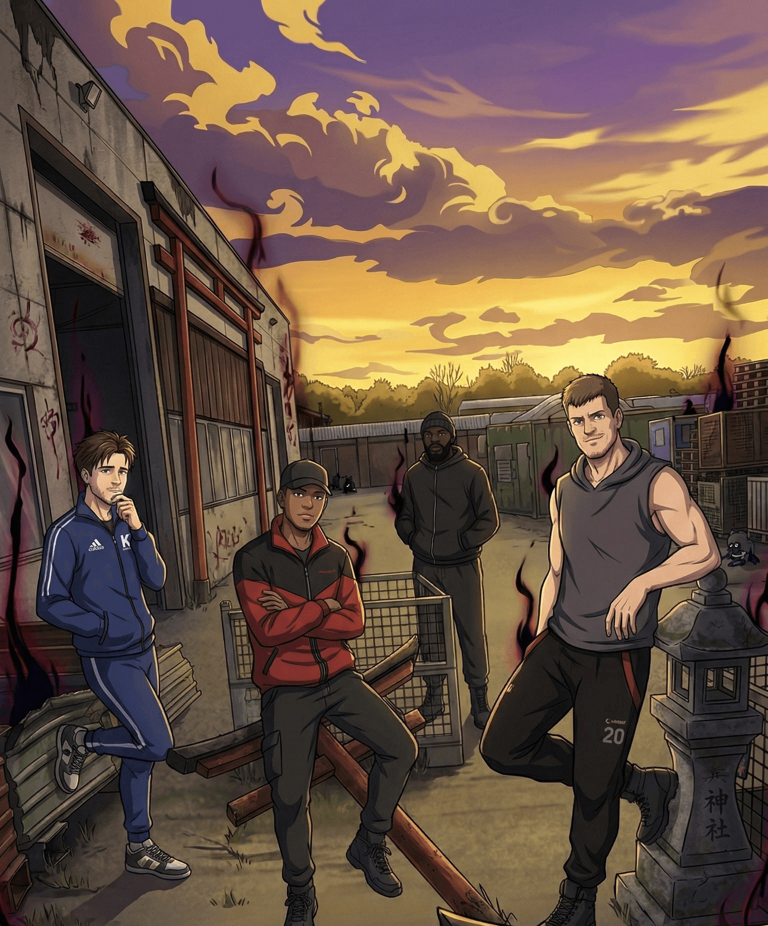 Anime-Stil Illustration von vier Männern in urbaner Kleidung in einer verlassenen Umgebung mit zerstörten japanischen Torii-Toren und dunkler Aura.