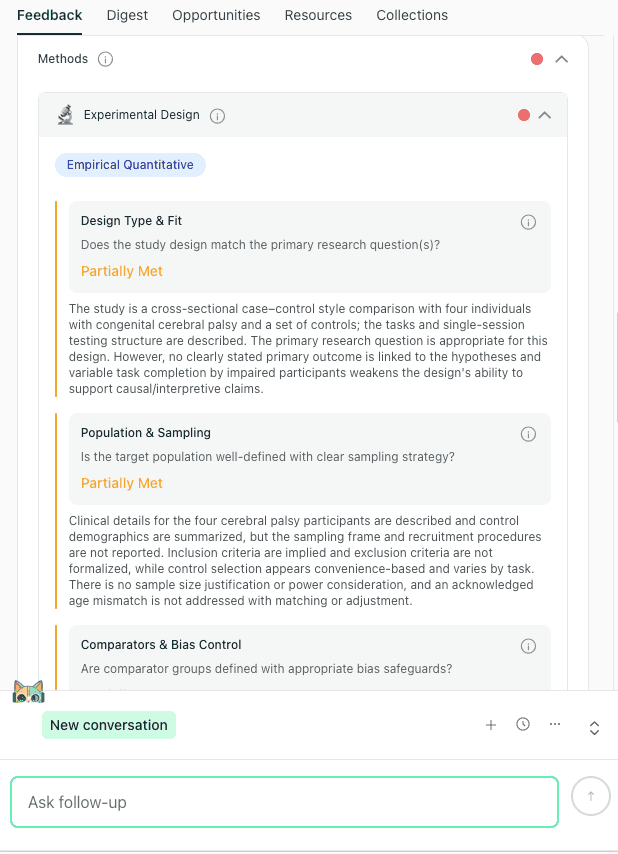 Screenshot of thesify Experimental Design methods rubric showing Empirical Quantitative design type with checks for Design Type and Fit and Population and Sampling.