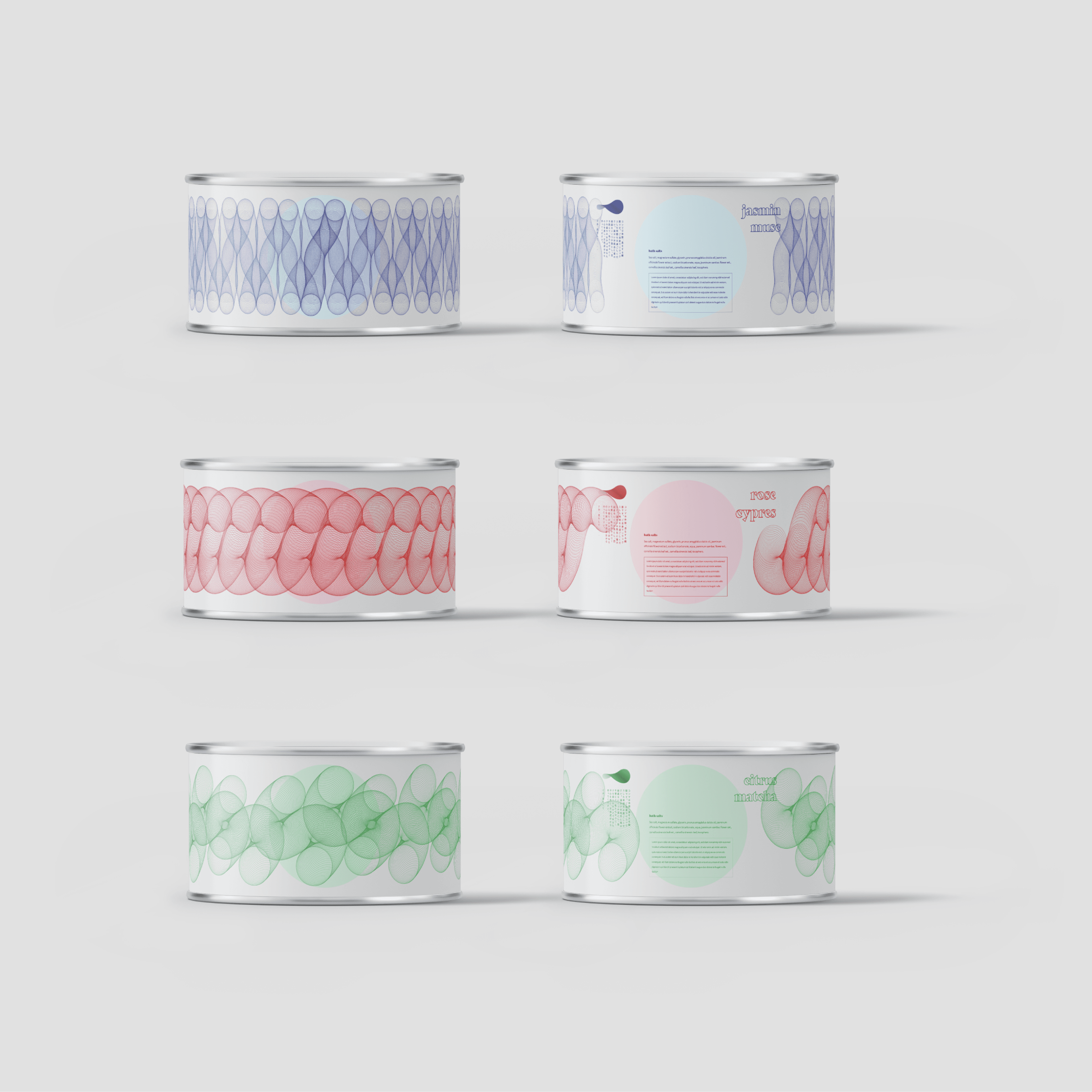 Three Comma fragrance containers in different sizes displaying blue and pink graphic patterns.