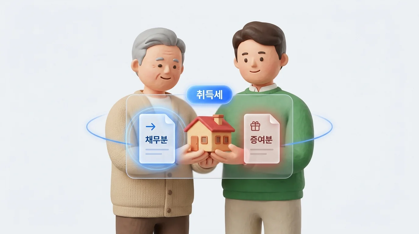 부담부증여 취득세: 채무분과 증여분 고지서를 함께 확인하는 아버지와 아들