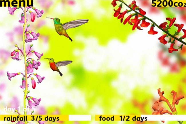 Two hummingbirds are shown in flight near a flowering plant with pink blossoms. One hummingbird is green and yellow, while the other is red. The background is a blurred yellow-green gradient. Text at the bottom reads “day 1 of 5,” “rainfall 3/5 days,” “food 1/2 days,” and “5200 co2.”