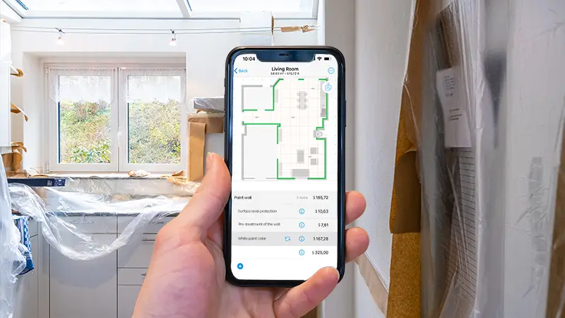 magic plan mobile app used to review room measurements and cost details during renovation