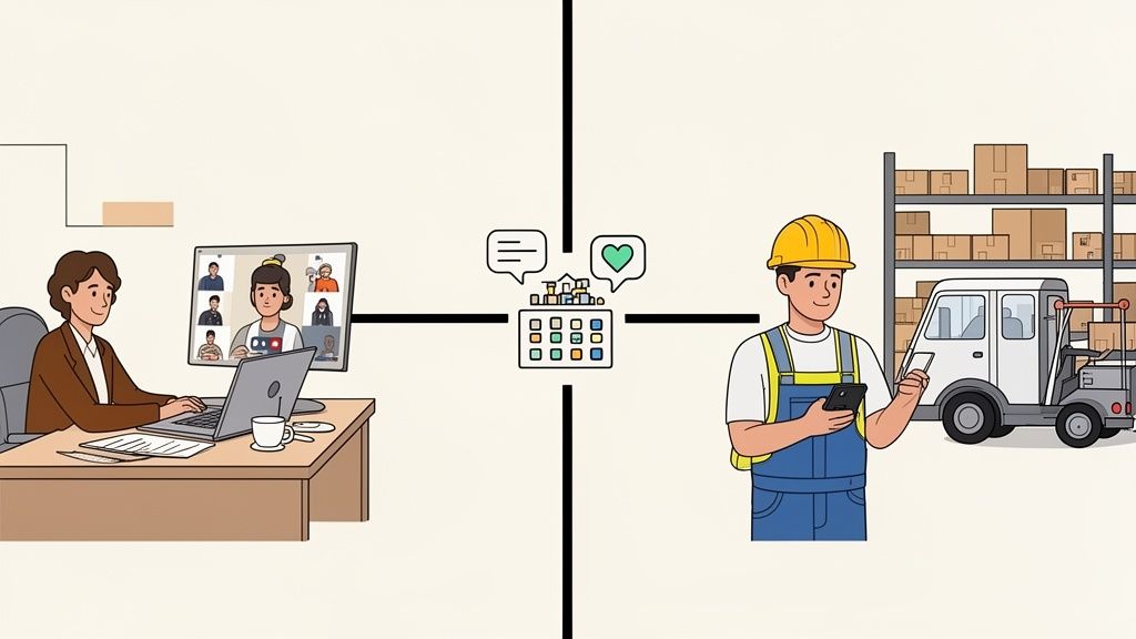 Illustration of diverse workforce connecting, with an office worker on a video call and a warehouse worker using a phone.