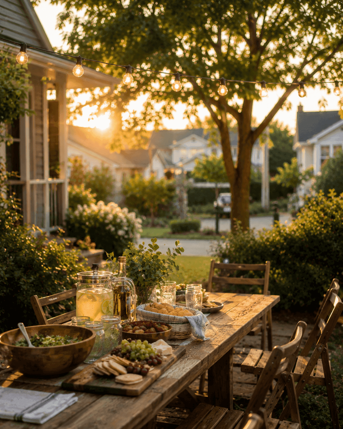 An outdoor dinner table set with food and string lights at sunset