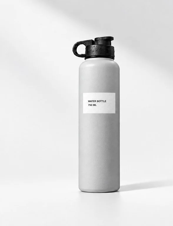 A plain grey water bottle with a basic label, before the rebrand.