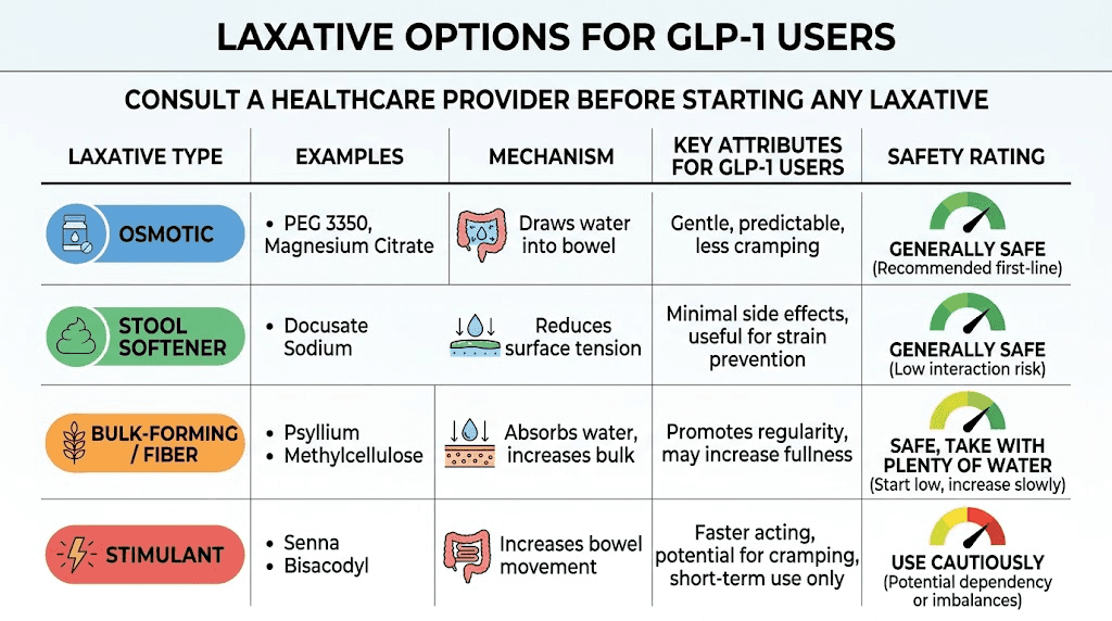 Laxative comparison chart for semaglutide users showing safety and effectiveness ratings
