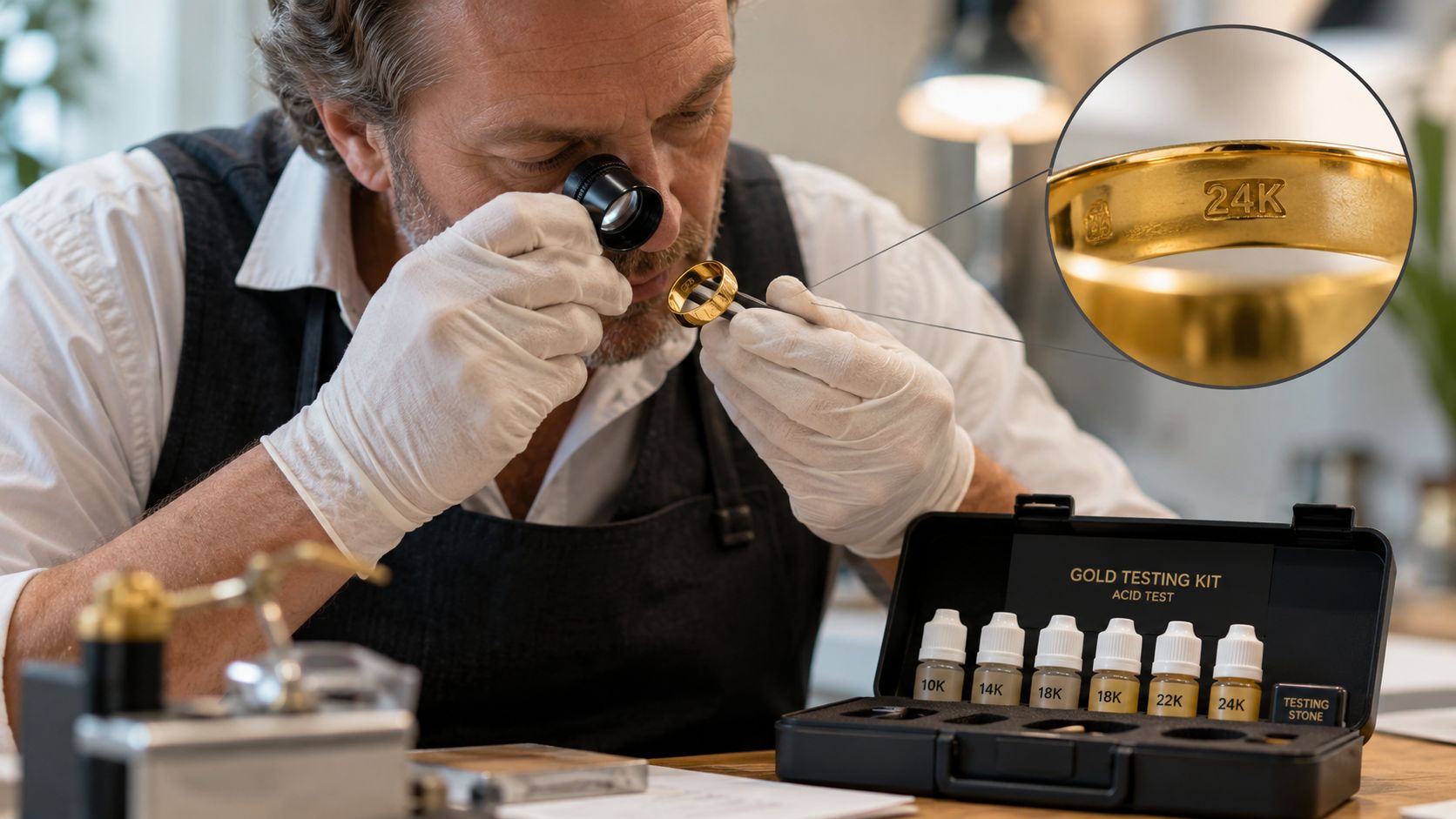 A professional jeweler examines a 24 carat gold ring using a loupe and an acid testing kit.