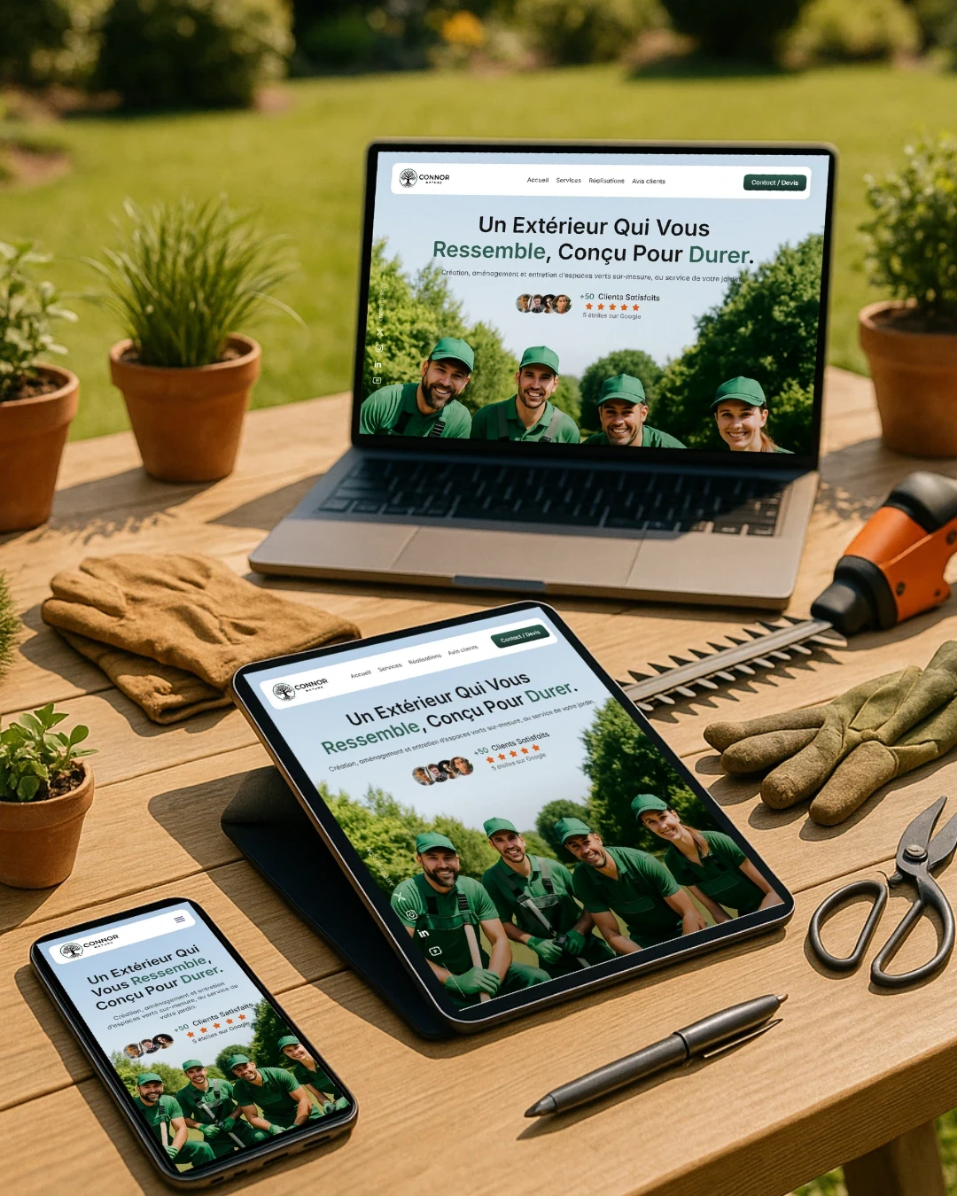Site vitrine pour un paysagiste à Lunel, conçu par Digital Rocket à Villetelle. Design lumineux et naturel pour présenter des créations d’espaces verts sur mesure.
