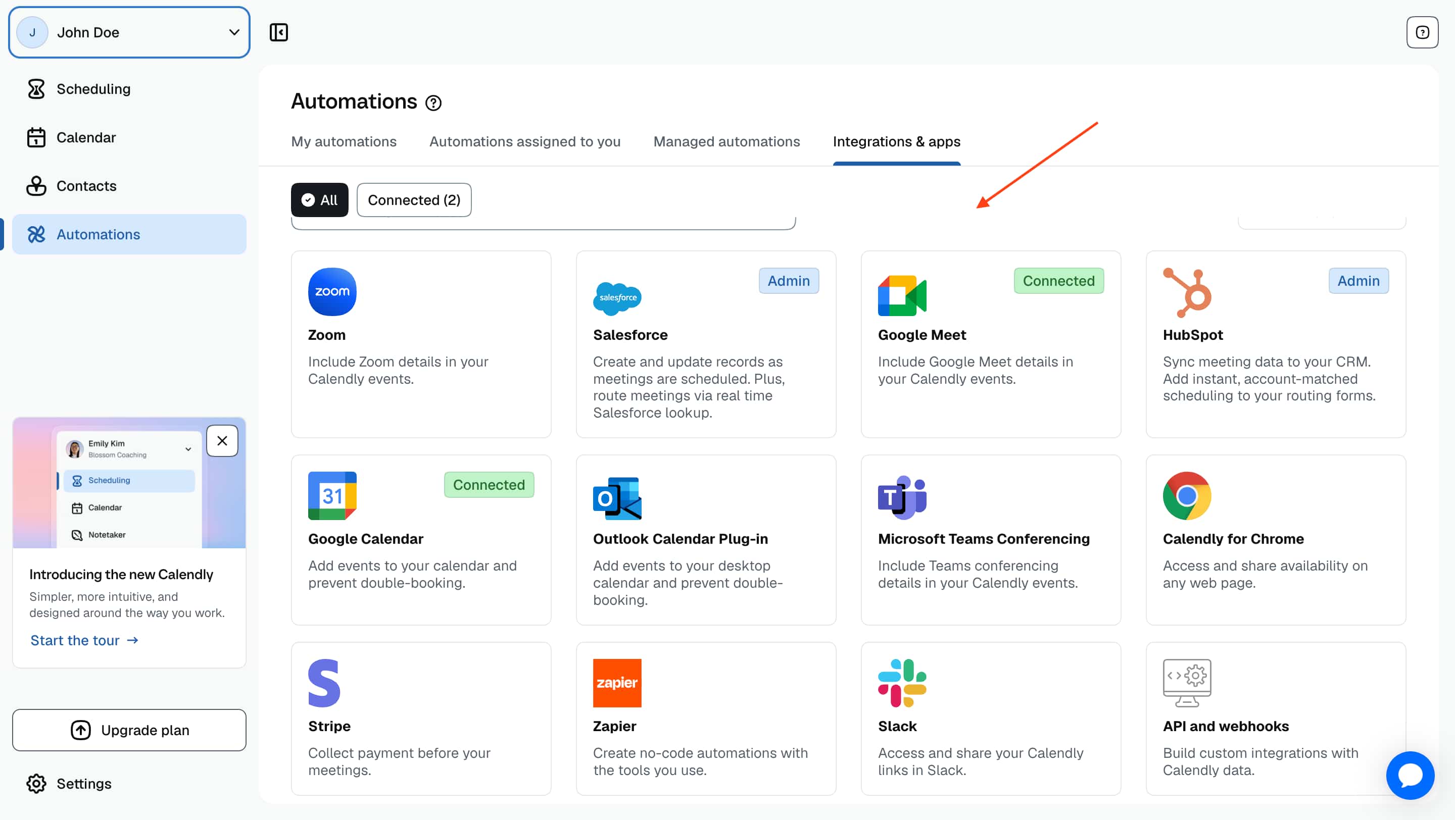 Calendly integrations page showing connected apps and available integrations