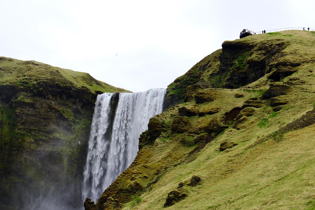 The Skogafoss Waterfall on the South Coast of Iceland, with the observation deck to its right.