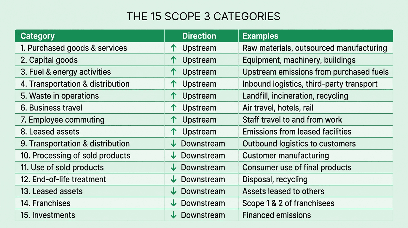 The 15 Scope 3 categories table showing category number, direction (upstream or downstream), and examples for each — from purchased goods and services through to investments